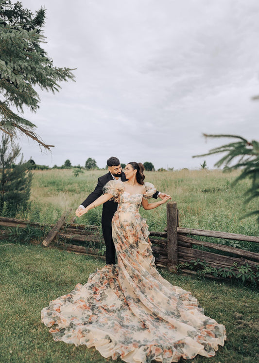 Floral engagement shoot dress 